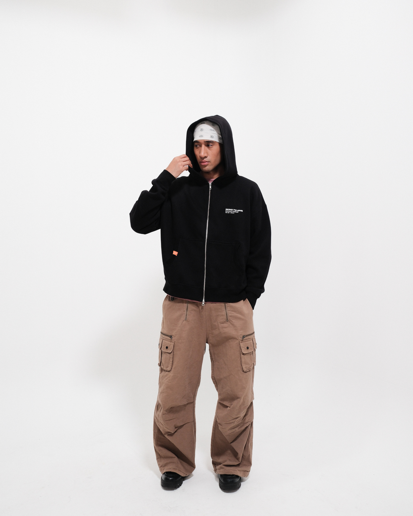 Black Boxy Double Zip-Up Hoodie